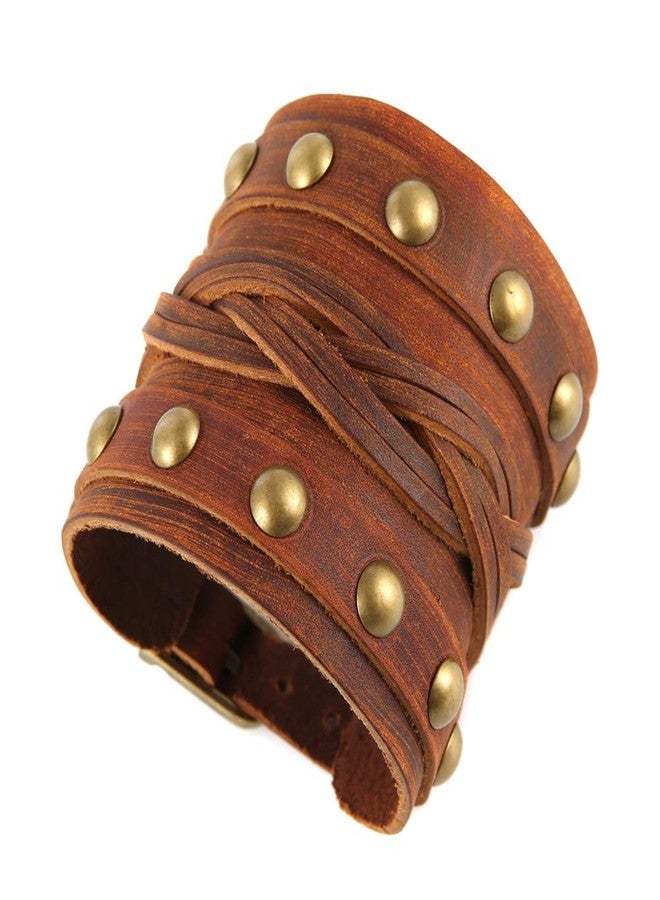 STWTR Men's Wide Cuff Wristband Punk Rock Motorbike Wide Belt Leather Bracelet (Brown-C) - Image 3