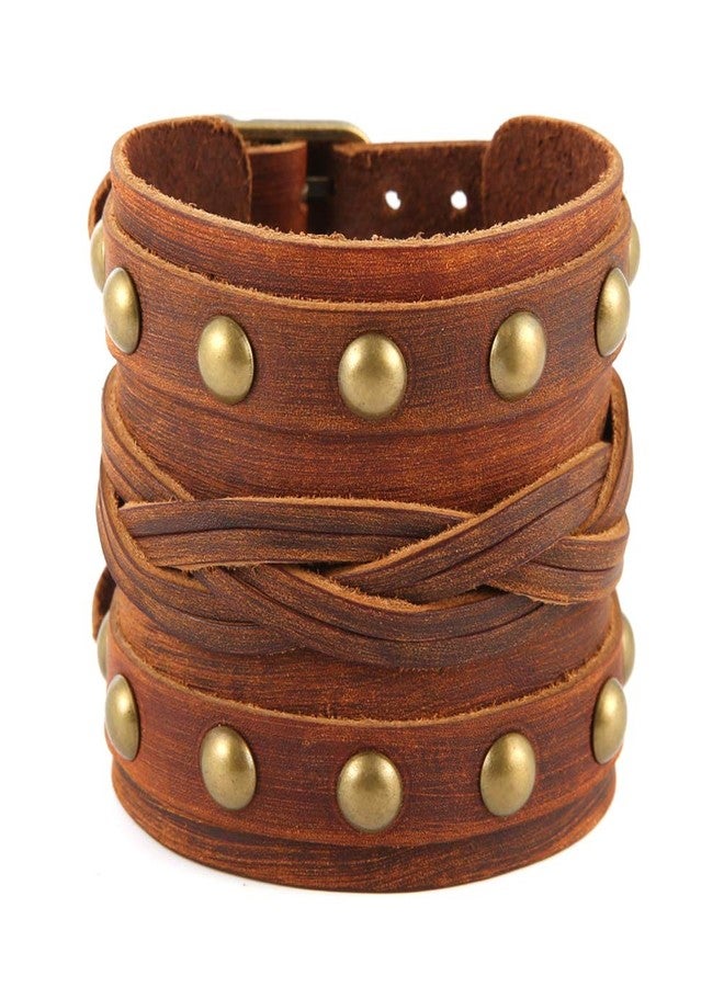STWTR Men's Wide Cuff Wristband Punk Rock Motorbike Wide Belt Leather Bracelet (Brown-C) - Image 1