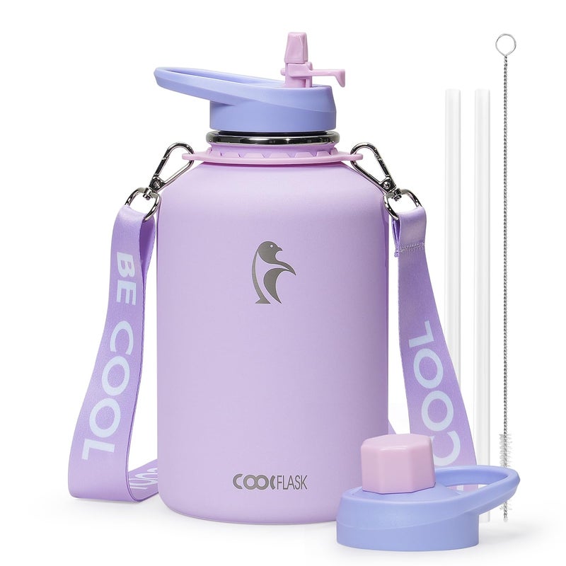 Coolflask Half Gallon Water Bottle with Strap 64oz Insulated Water Jug Stainless Steel with Straw  Spout Lids Metal Large Water Flask Keep Cold 48h Hot 24h Leak Proof  NonBPA Lavender