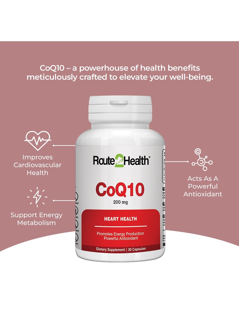 Route2Health - Route 2 Health CoQ10 200mg – 30 Capsules – Coenzyme Q10 Supplement for Energy Production, Heart Health, and Cellular Support – Antioxidant Formula for Cardiovascular Wellness – Non-GMO & Gluten-Free - Image 1