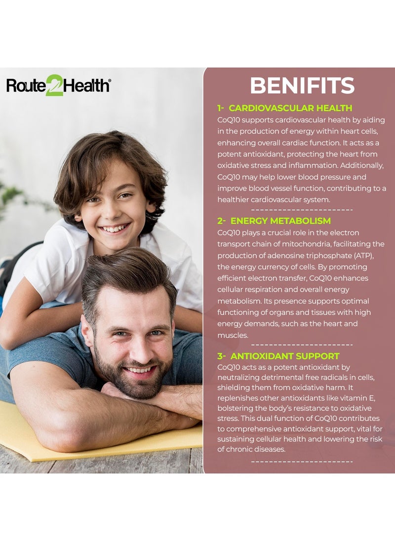Route2Health - Route 2 Health CoQ10 200mg – 30 Capsules – Coenzyme Q10 Supplement for Energy Production, Heart Health, and Cellular Support – Antioxidant Formula for Cardiovascular Wellness – Non-GMO & Gluten-Free - Image 1
