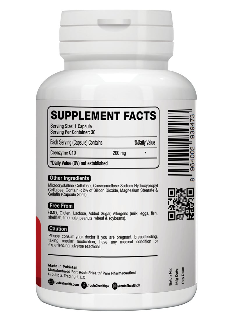 Route2Health - Route 2 Health CoQ10 200mg – 30 Capsules – Coenzyme Q10 Supplement for Energy Production, Heart Health, and Cellular Support – Antioxidant Formula for Cardiovascular Wellness – Non-GMO & Gluten-Free - Image 1
