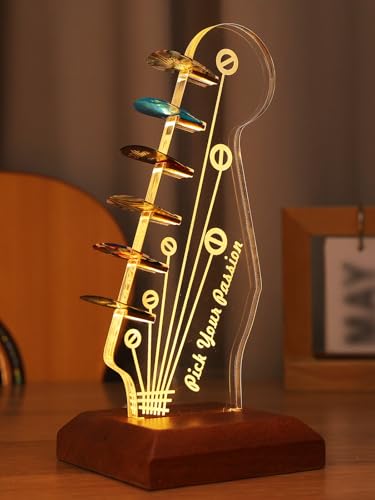 CoolGift Mart Light Up Guitar Pick Holder, Electric Guitar Headstock Shaped Acrylic & Wooden USB Powered Display Case - Guitar Accessories Gift for Players/Men (Picks Storage Organizer) - Image 2