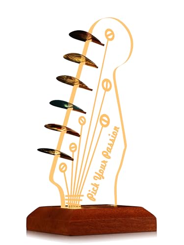 CoolGift Mart Light Up Guitar Pick Holder, Electric Guitar Headstock Shaped Acrylic & Wooden USB Powered Display Case - Guitar Accessories Gift for Players/Men (Picks Storage Organizer) - Image 1
