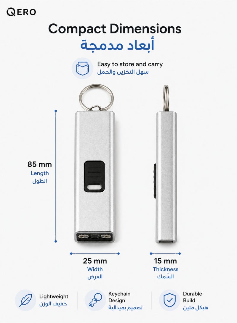 كيورو مصباح يدوي صغير بتقنية Mini LED، قابل للشحن عبر منفذ USB، محمول على سلسلة المفاتيح، للاستخدام الطارئ في السيارات والأنشطة الخارجية والمنزل (لون فضي) - Image 3