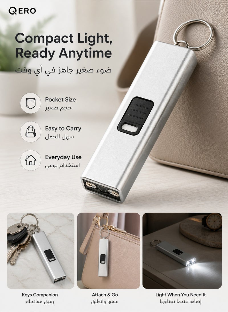 كيورو مصباح يدوي صغير بتقنية Mini LED، قابل للشحن عبر منفذ USB، محمول على سلسلة المفاتيح، للاستخدام الطارئ في السيارات والأنشطة الخارجية والمنزل (لون فضي) - Image 2