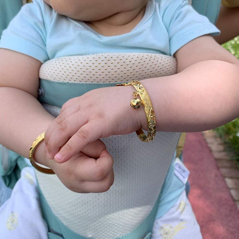 Ethlyn Birthday Gifts for baby 18K Gold plated Mini Size Baby Bangles Bracelet for infants girls boys Stars Bells Heart Jewelry (2pcs/lot), 4.5cm, Metal - Image 5