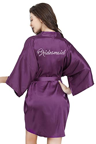 EPLAZA Women's One Size Silver Rhinestones Bride Bridesmaid Short Satin Robes for Wedding Party Getting Ready (deep Purple, Bridesmaid) - Image 2