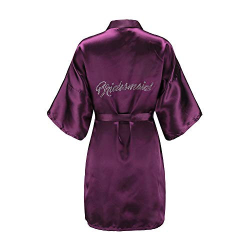 EPLAZA Women's One Size Silver Rhinestones Bride Bridesmaid Short Satin Robes for Wedding Party Getting Ready (deep Purple, Bridesmaid) - Image 1