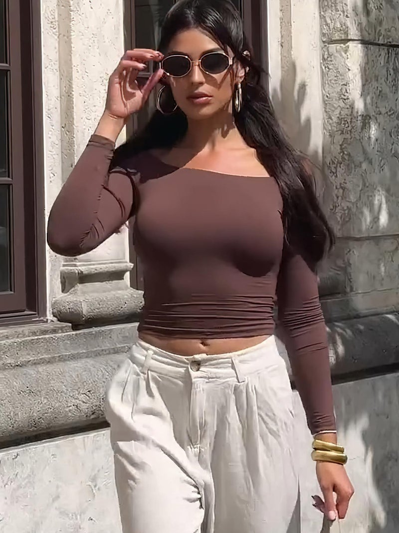YEOREO Sophie Women Off Shoulder Long Sleeve Shirts Double Lined Basic Undershirt Y2K Going Out Tops Deep Brown-M - Image 3