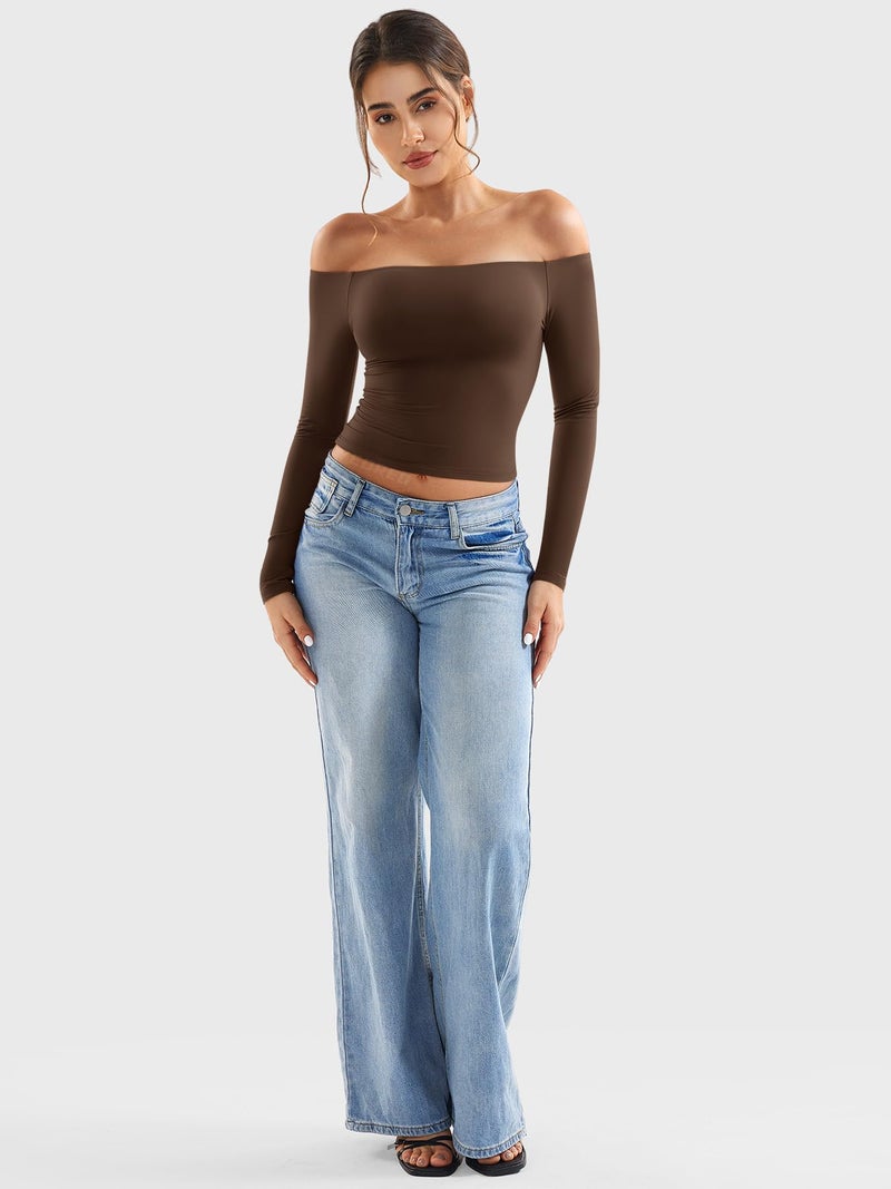 YEOREO Sophie Women Off Shoulder Long Sleeve Shirts Double Lined Basic Undershirt Y2K Going Out Tops Deep Brown-M - Image 5