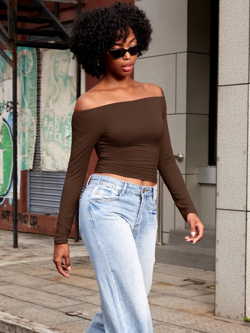 YEOREO Sophie Women Off Shoulder Long Sleeve Shirts Double Lined Basic Undershirt Y2K Going Out Tops Deep Brown-M - Image 4