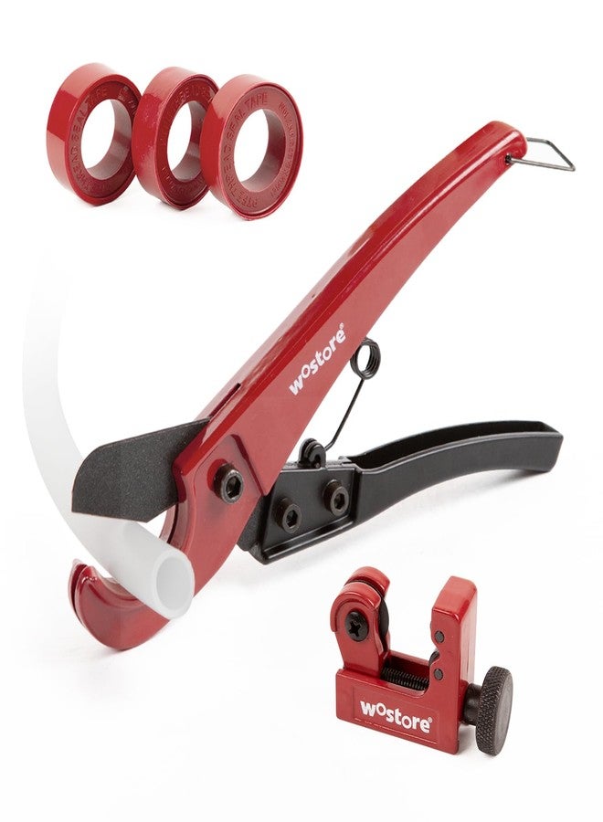 Wostore PEX Pipe Cutter Set Drip Line Include Plastic Pipe Cutter 1-1/4" Cutting Tool For PEX, PVC, PPR Hoses With Tube Cutter 1/8"to 7/8" Or 3-22mm, 3 Rolls Of 10 Meter PTFE Seal Tapes - Image 1
