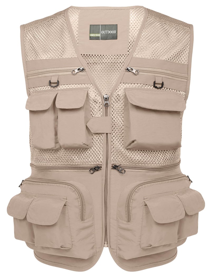 Flygo Mens Fishing Vest Utility Lightweight Outdoor Travel Safari Photo Cargo Vest with 16 pockets mesh Beige L