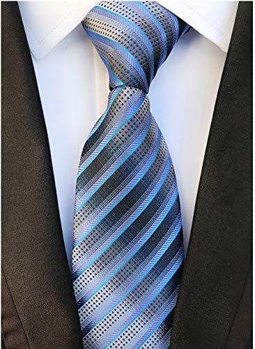 Elfeves Men's Blue Grey Striped Neck Tie Accessory Evening Summer Wedding Casual Necktie - Image 2