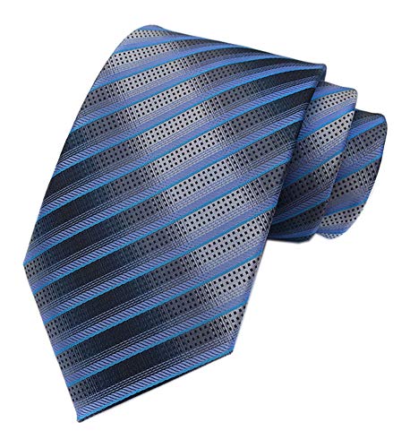 Elfeves Men's Blue Grey Striped Neck Tie Accessory Evening Summer Wedding Casual Necktie - Image 4