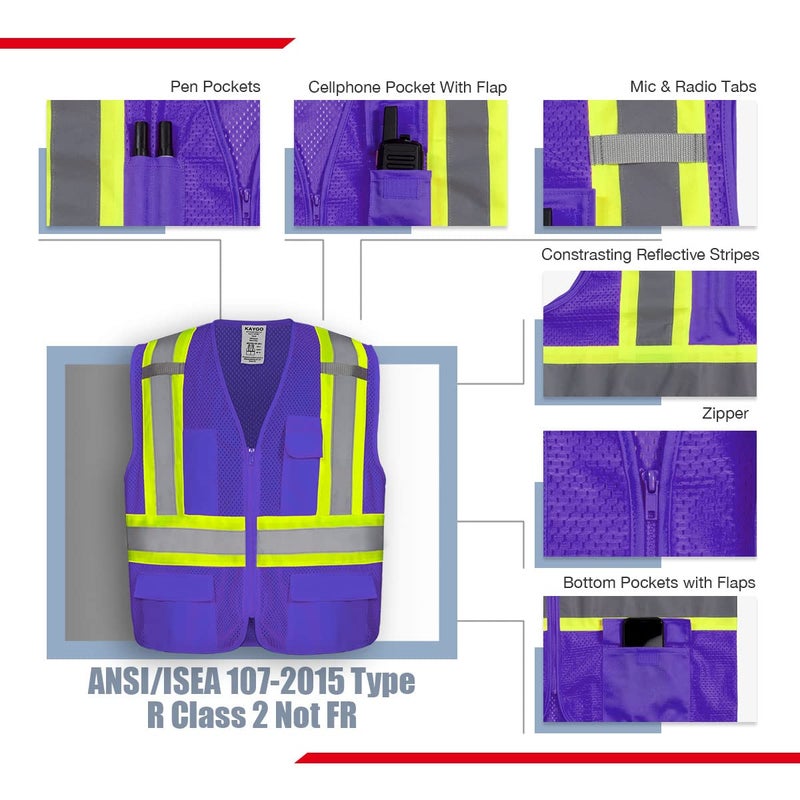 Kaygo High Visibility Safety Vests Kg0100, Safety Vests Reflective With Pockets And Zipper,Ansi Type R Class2 Not Fr,(Purple,Medium) - Image 2