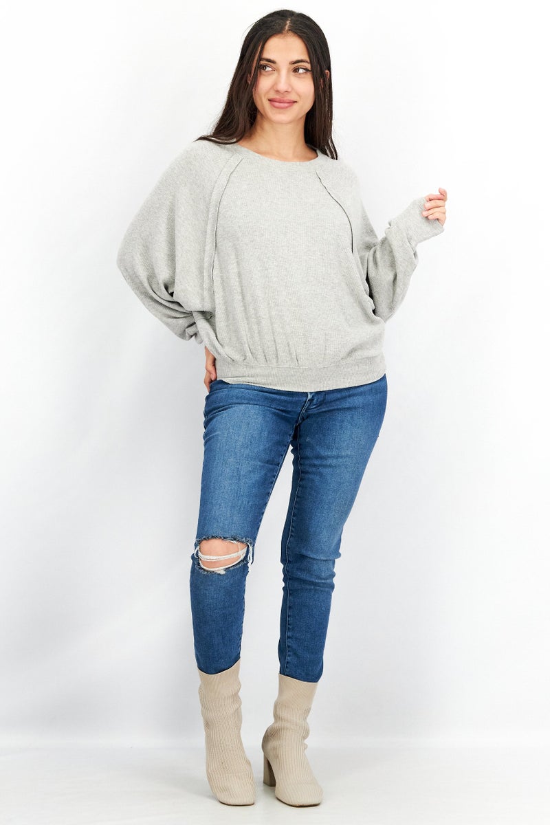 Vintage Havana Women Crew Neck Long Sleeve Ribbed Top, Grey - Image 2