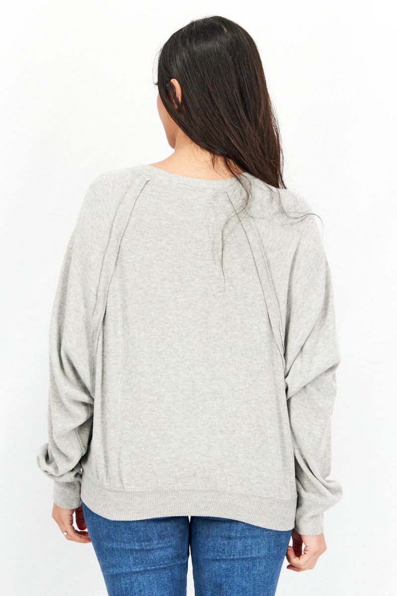 Vintage Havana Women Crew Neck Long Sleeve Ribbed Top, Grey - Image 3