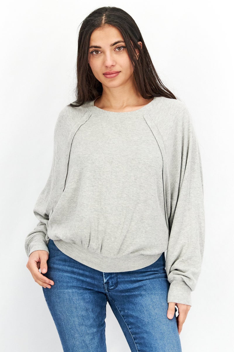 Vintage Havana Women Crew Neck Long Sleeve Ribbed Top, Grey - Image 1