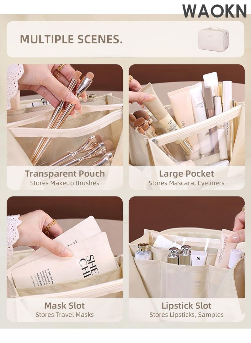 WAOKN Travel Makeup Bag for Women - Waterproof Cosmetic Organizer with Multiple Pockets - Perfect for Toiletries, Brushes, Skincare & Travel Essentials - Portable Hanging Toiletry Bag for Airplane, Gym, Vacation (Compact, Lightweight & TSA-Friendly) - Image 2