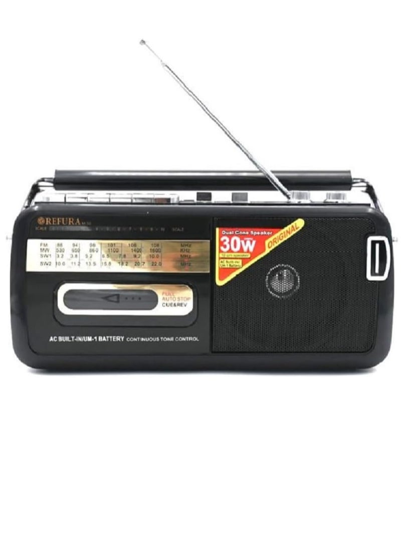 REFURA Radio Cassette Recorder 30W Black | Supports USB / FM / SW1 / SW2-4 Band / Earphone Jack M-50 - Image 1