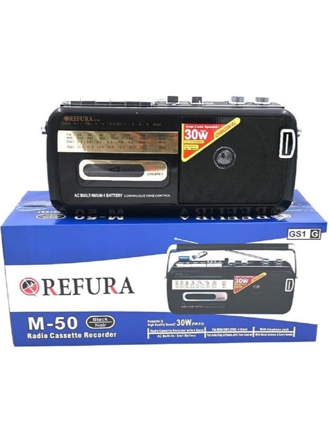 REFURA Radio Cassette Recorder 30W Black | Supports USB / FM / SW1 / SW2-4 Band / Earphone Jack M-50 - Image 2