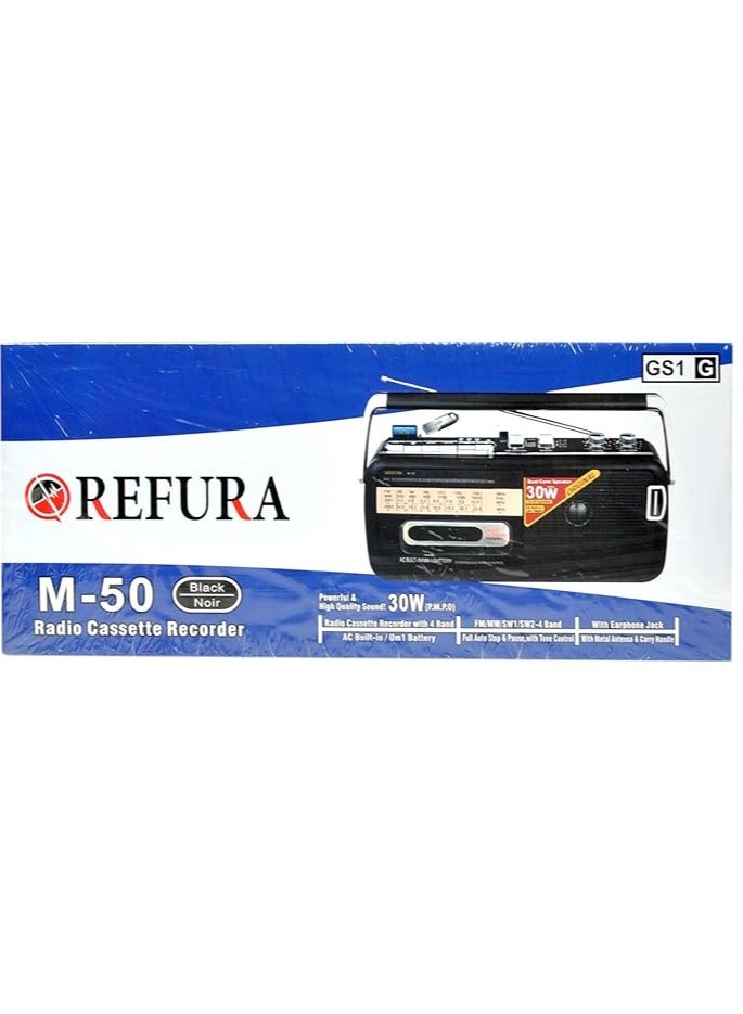 REFURA Radio Cassette Recorder 30W Black | Supports USB / FM / SW1 / SW2-4 Band / Earphone Jack M-50 - Image 3