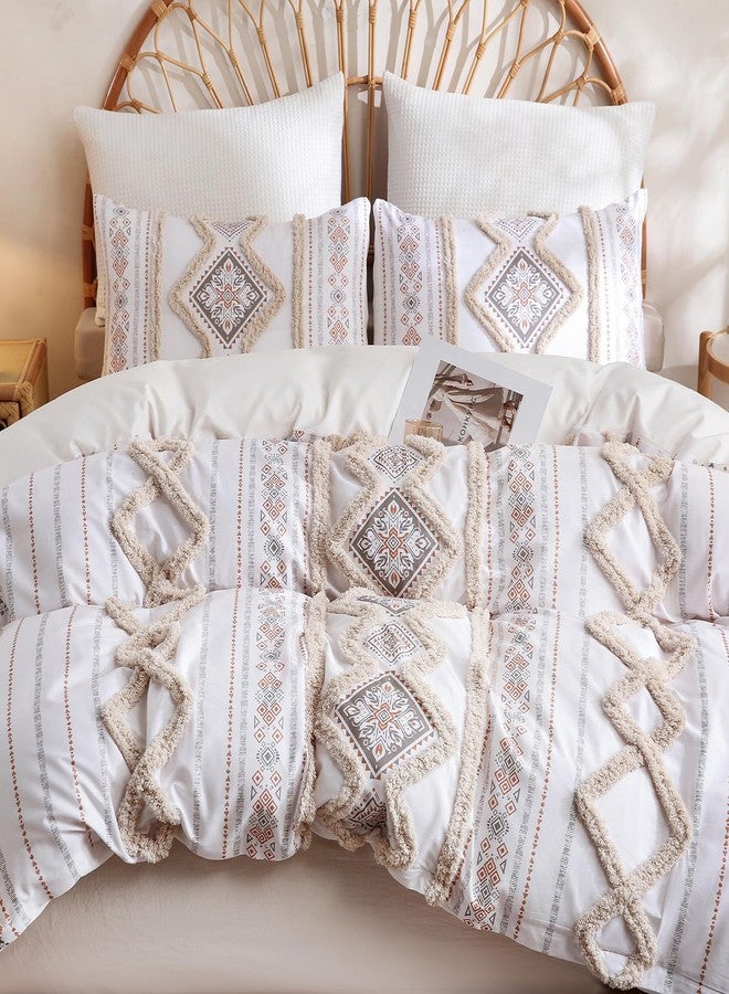 Herside Beige 100% Cotton Duvet Cover Set Queen Size, 3-Piece Tufted Textured Modern Boho Moroccan Bedding, Aztec Geometric Farmhouse Comforter Cover with 8 Corner Ties & Double Zipper - Image 5