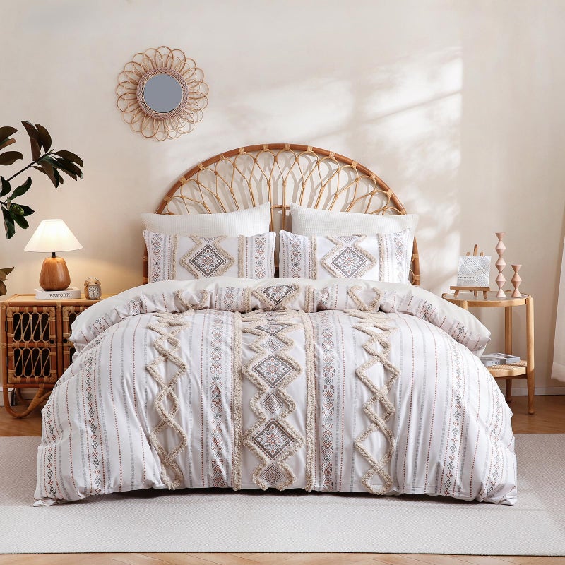 Herside Beige 100% Cotton Duvet Cover Set Queen Size, 3-Piece Tufted Textured Modern Boho Moroccan Bedding, Aztec Geometric Farmhouse Comforter Cover with 8 Corner Ties & Double Zipper - Image 1