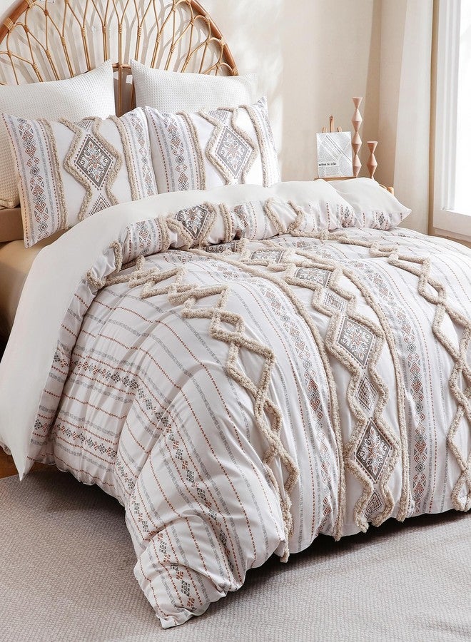 Herside Beige 100% Cotton Duvet Cover Set Queen Size, 3-Piece Tufted Textured Modern Boho Moroccan Bedding, Aztec Geometric Farmhouse Comforter Cover with 8 Corner Ties & Double Zipper - Image 3