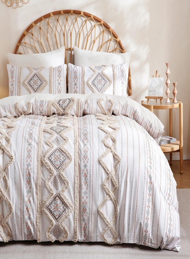 Herside Beige 100% Cotton Duvet Cover Set Queen Size, 3-Piece Tufted Textured Modern Boho Moroccan Bedding, Aztec Geometric Farmhouse Comforter Cover with 8 Corner Ties & Double Zipper - Image 2
