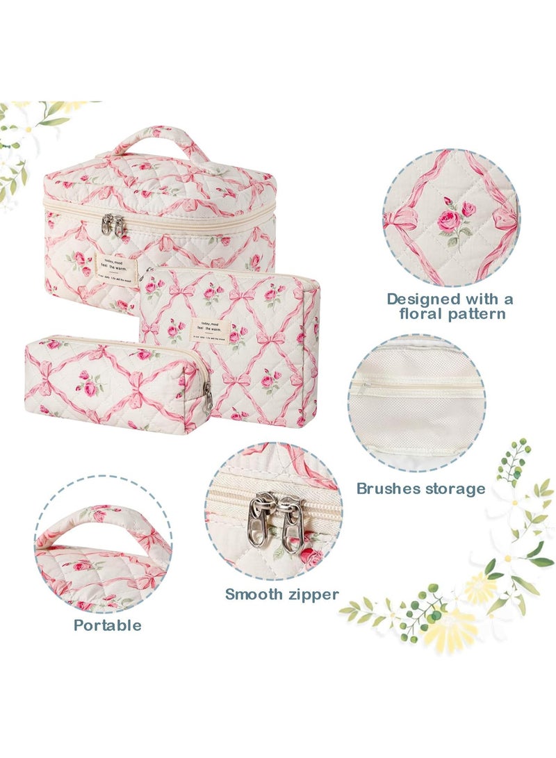 طقم من 3 حقائب مكياج قطنية، حقائب أدوات تجميل منظمة للسفر، حقائب مستحضرات تجميل على الطراز الريفي للفتيات النساء - Image 2