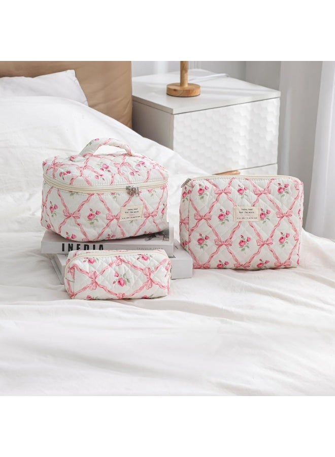 طقم من 3 حقائب مكياج قطنية، حقائب أدوات تجميل منظمة للسفر، حقائب مستحضرات تجميل على الطراز الريفي للفتيات النساء - Image 1