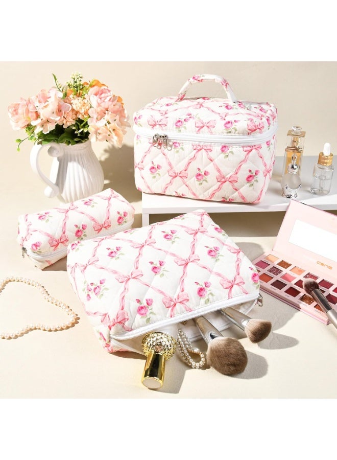طقم من 3 حقائب مكياج قطنية، حقائب أدوات تجميل منظمة للسفر، حقائب مستحضرات تجميل على الطراز الريفي للفتيات النساء - Image 3
