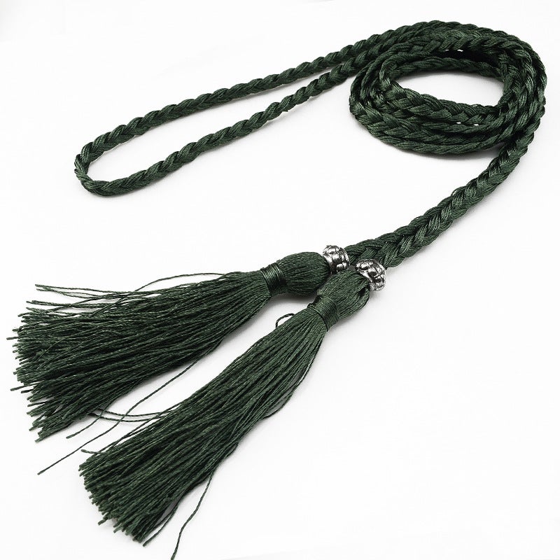Braided Tassel Belt Ladies Skinny Butterfly Knot Dark green 