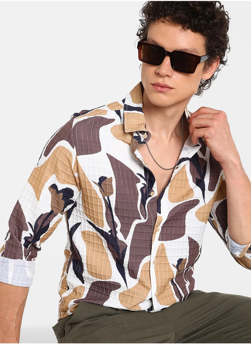 Campus Sutra Men's Taupe Brown & Beige Abstract Tulip Shirt