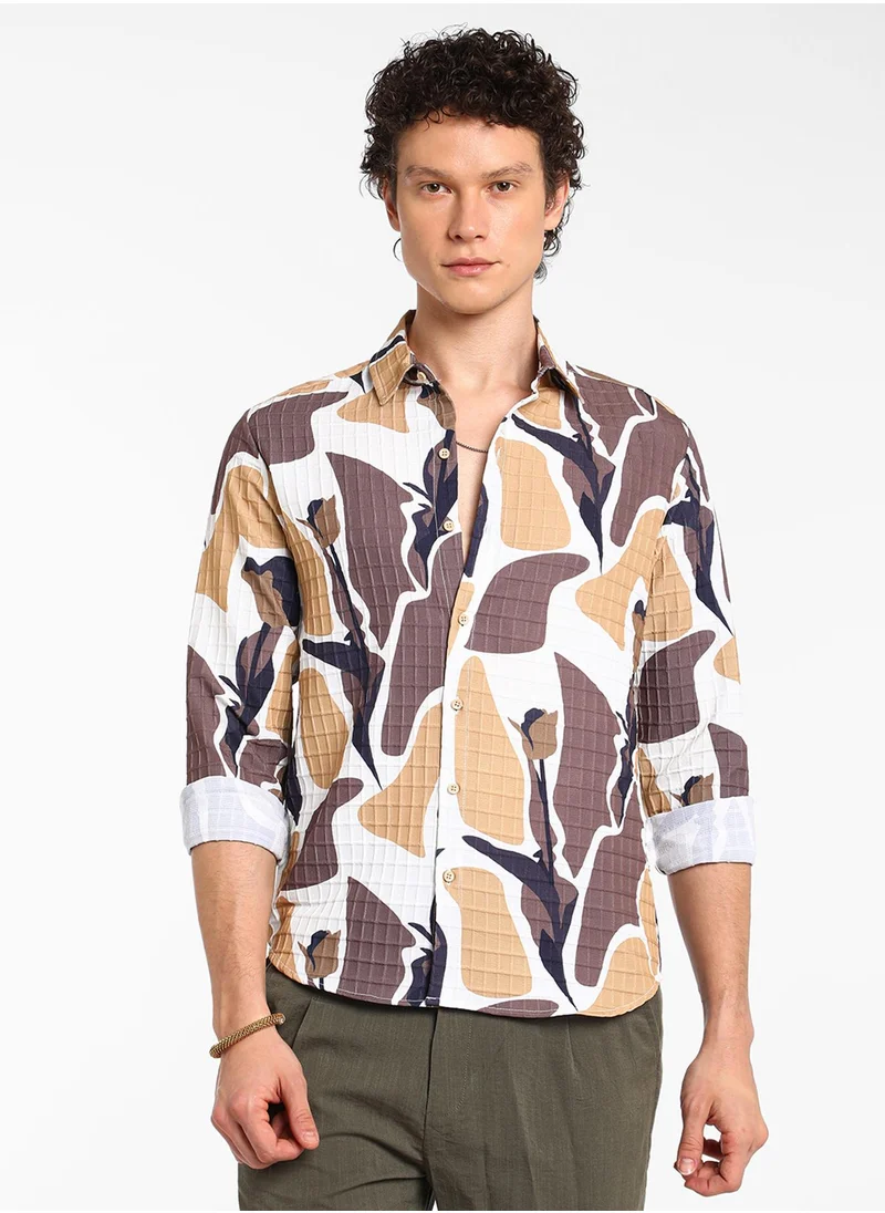 Campus Sutra Men's Taupe Brown & Beige Abstract Tulip Shirt
