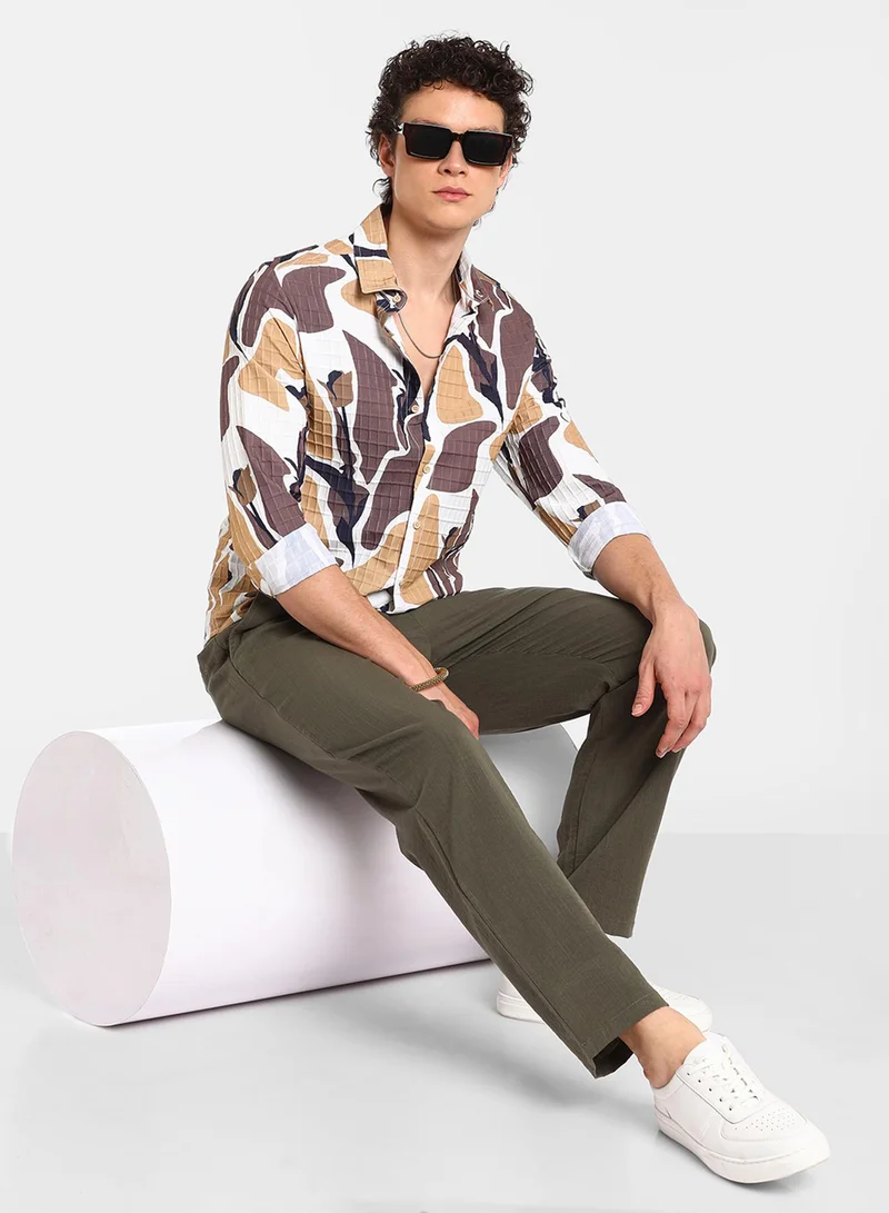 كامبوس سوترا Men's Taupe Brown & Beige Abstract Tulip Shirt