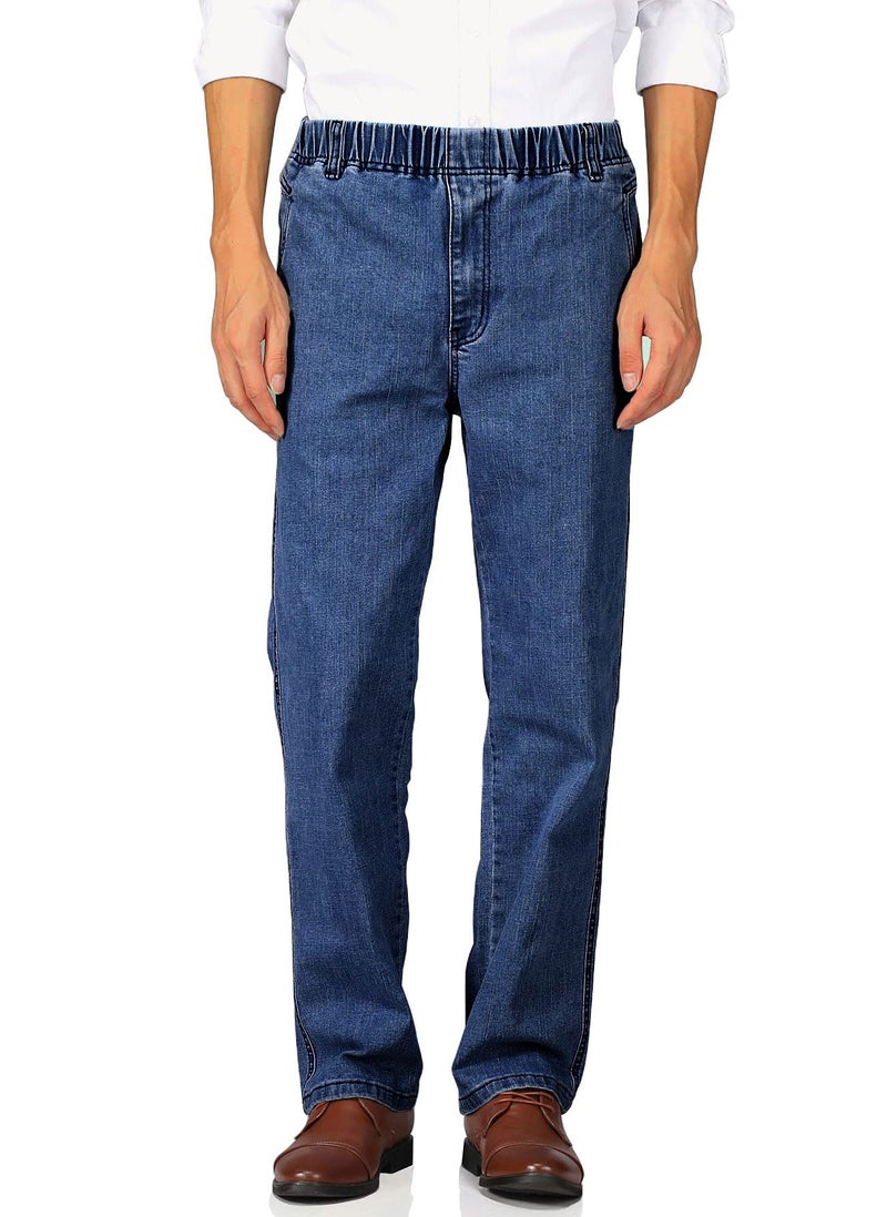 Soojun Mens Casual Loose Fit Elastic Waist Jeans Denim Pants Indigo 32W x 30L