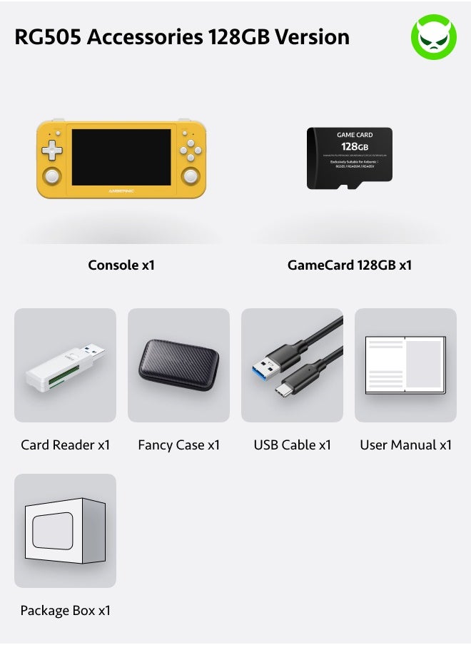ANBERNIC  - Anbernic RG505 Handheld Game Console 4.95-inch OLED Touch Screen 960:544 Android 12 Unisoc Tiger T618 64-bit 4GB LPDDR4X 26 Emulators with Gift Package【Yellow-128G with 20,000 Games Pre-installed】 - Image 1