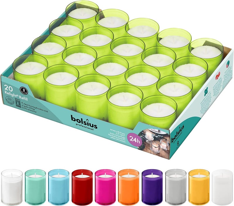 BOLSIUS 24 Hour Votive Candles - 20 Pack Relight Candles in Lime Green Unbreakable Plastic Cups - Premium European Quality - Unscented Smooth and Smokeless Candles - Image 1