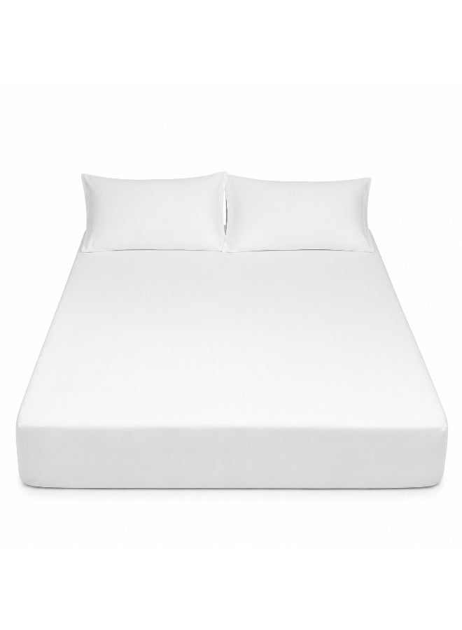 Queen Size Fitted Sheet Set 3 in 1, 150×200×30cm Mattress Cover with 2 Pillowcases, Soft High Thread Count Bed Sheets, 360° Elastic All Around, White - Image 1