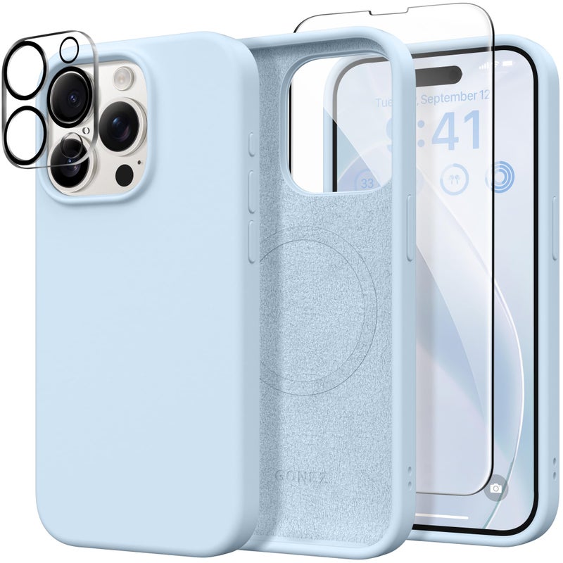 GONEZ Magnetic for iPhone 15 Pro Case, Compatible with MagSafe, [Screen Protector + Camera Lens Protector], Silicone Shockproof Anti-Scratch Protective Phone Case 6.1 inch, Blue - Image 1