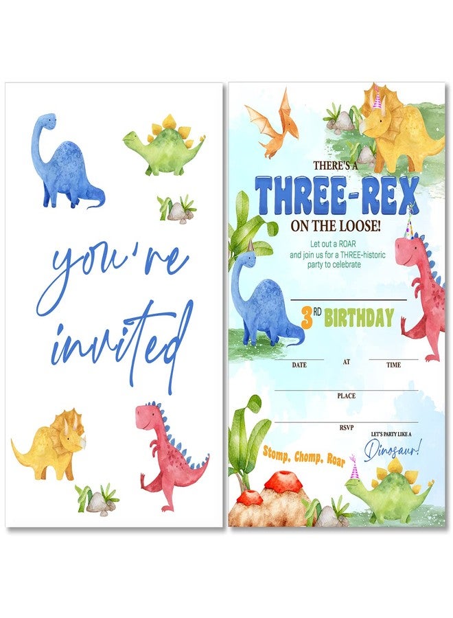 Soiceu Watercolors Dinosaur Three-Rex 3rd Birthday Party Invitations with Envelopes Set of 20 Boy Dinosaur 3-Rex Third Birthday Party Invites - Image 1