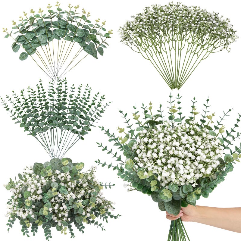 Serwalin 50 Pcs Mixed Artificial Eucalyptus Stems,Babys Breath Artificial Flowers Bulk with Faux Eucalyptus Leaves Greenery Stems for Wedding DIY Bouquets Floral Arrangement Home Decor - Image 1