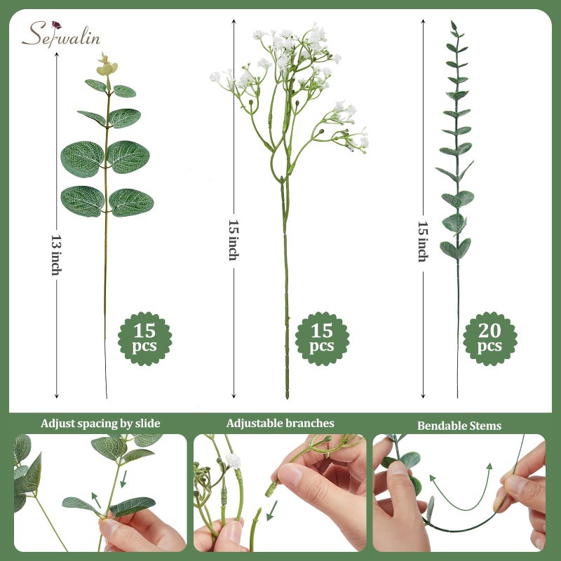 Serwalin 50 Pcs Mixed Artificial Eucalyptus Stems,Babys Breath Artificial Flowers Bulk with Faux Eucalyptus Leaves Greenery Stems for Wedding DIY Bouquets Floral Arrangement Home Decor - Image 3