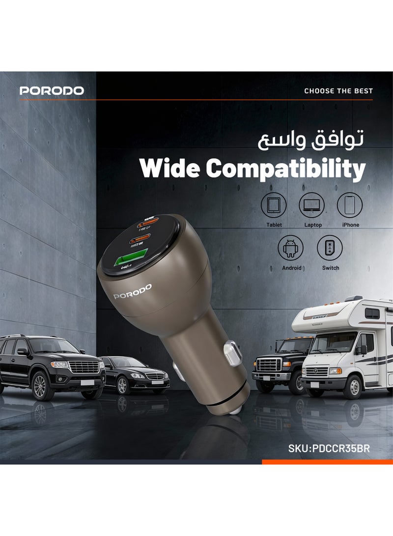 porodo Multi-Port Car Charger, 100W PD, 18W QC, USB Fast Charging, 2 USB-C & 1 USB-A, Fast Multi-Charging Technology, Smart Charging Protocols - Image 2