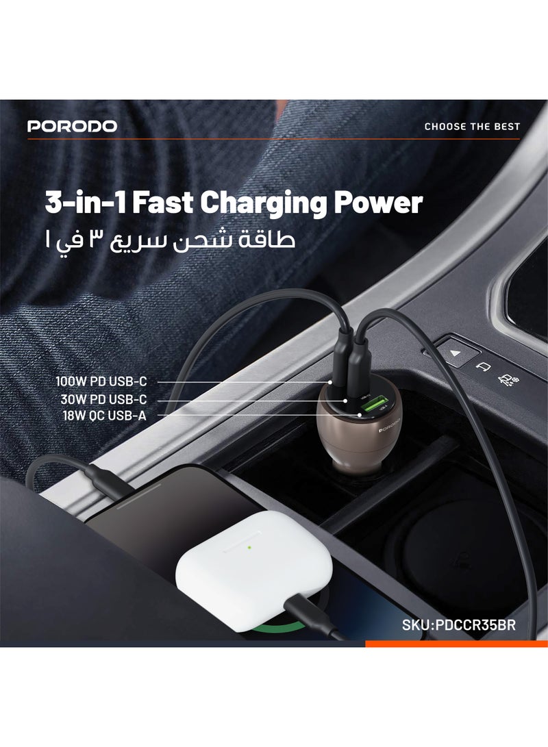 porodo Multi-Port Car Charger, 100W PD, 18W QC, USB Fast Charging, 2 USB-C & 1 USB-A, Fast Multi-Charging Technology, Smart Charging Protocols - Image 3