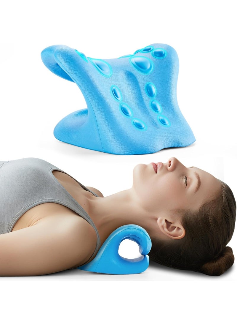 جهاز شد الرقبة لمحاذاة العمود الفقري العنقي - جهاز شد الرقبة لإرخاء العضلات، وتصحيح وضعية الجسم، وتخفيف آلام المفصل الصدغي الفكي والكتف، أداة علاجية رغوية غير كهربائية (أزرق) - Image 1